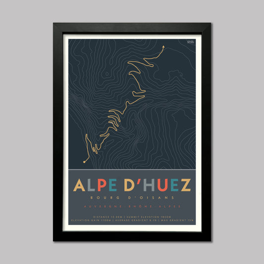 Alpe d-Huez cycling route map poster with contour lines and elevation statistics. Presented in a black frame.