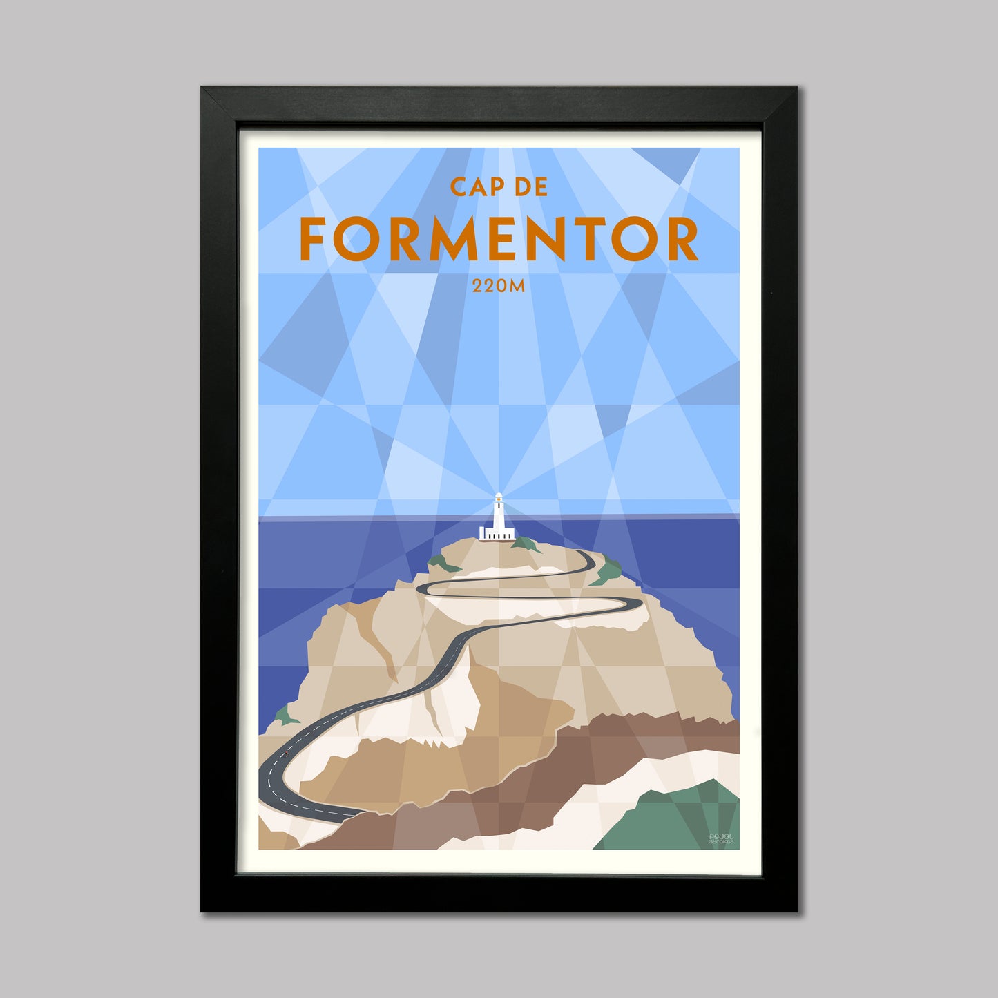 Cap de formentor cycling art print in mallorca, Spain. SHowing the lighthouse at the top of the road. Presented in a black frame. 