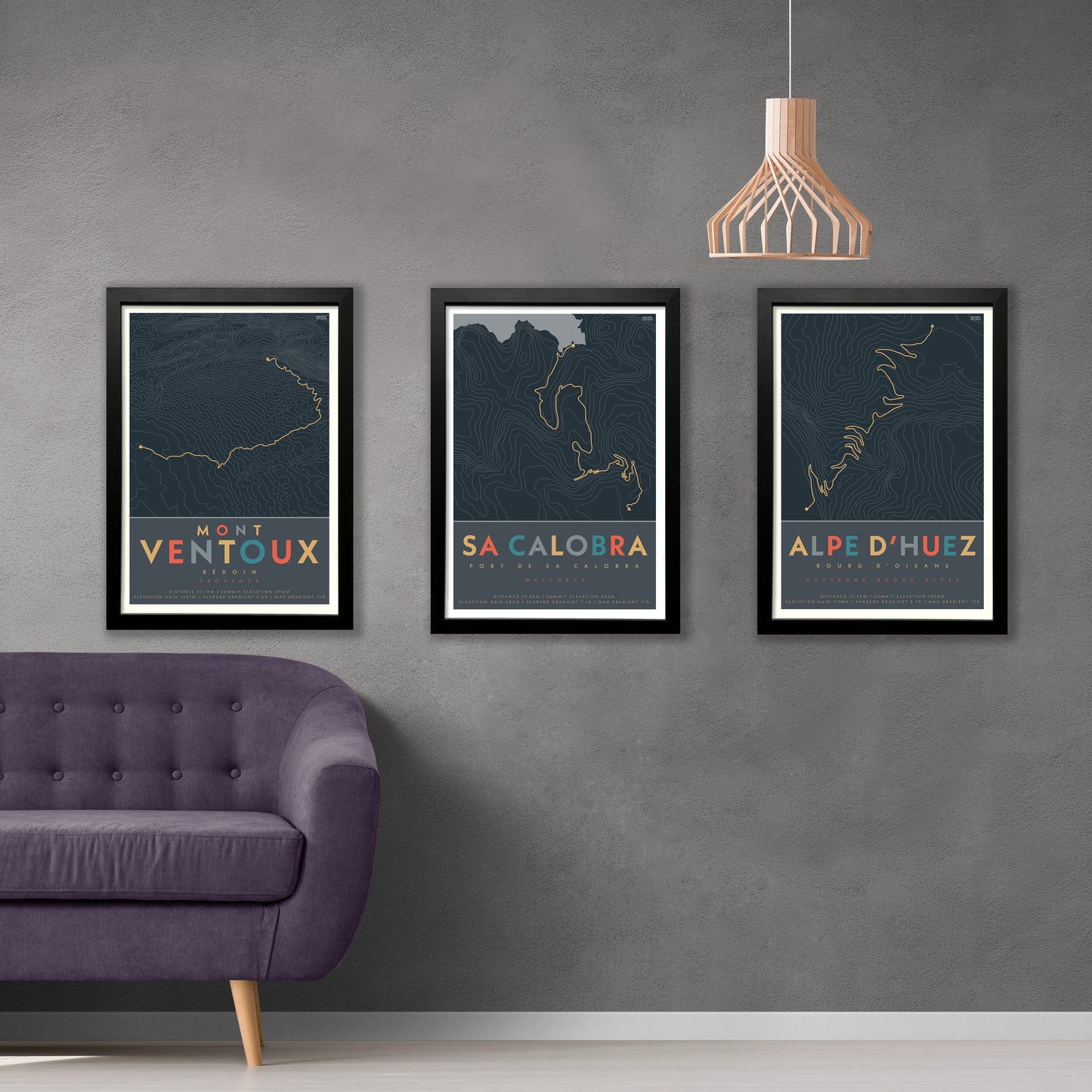 Set of Posters of the cycle route of Sa Calobra Climb, alpe d-Huez and Mont Ventoux with contour lines and elevation details.