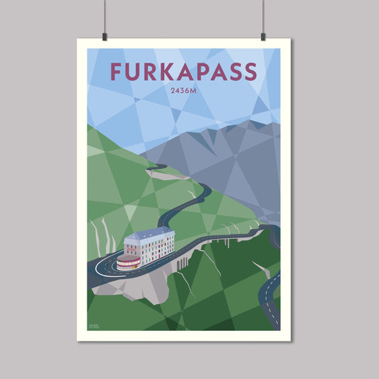 Furkapass Cycling Print of the climb found in the Swiss Alps that passes Hotel Belvedere by the Rhone Glacier