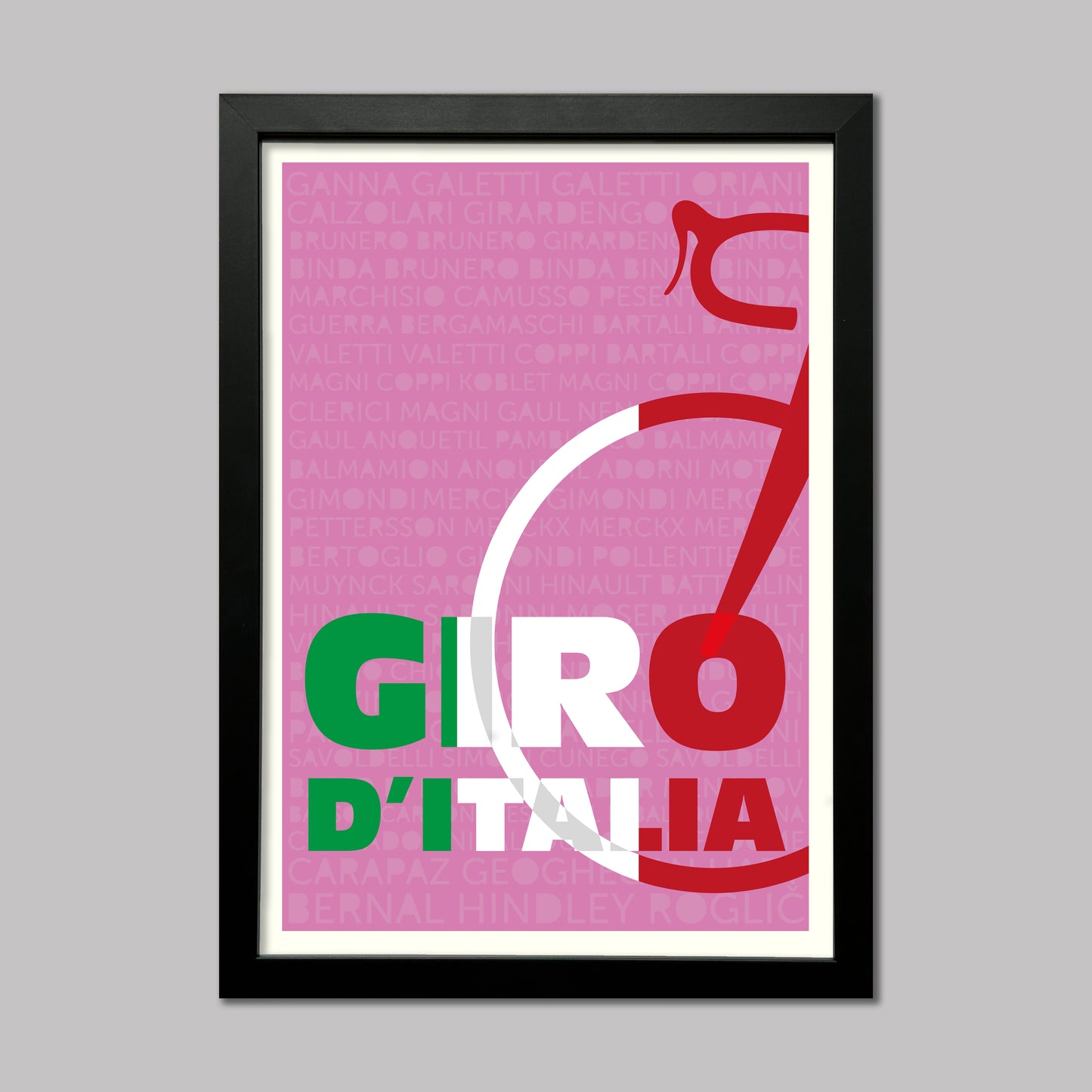 Cycling print of the giro-d-italia grand tour race.Image of a bicycle with the names of previous winners in the background. Presented in a black frame.