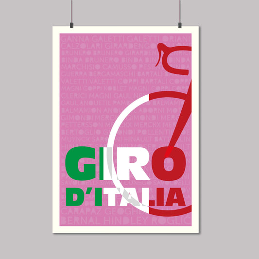 Cycling print of the giro-d-italia grand tour race.Image of a bicycle with the names of previous winners in the background.