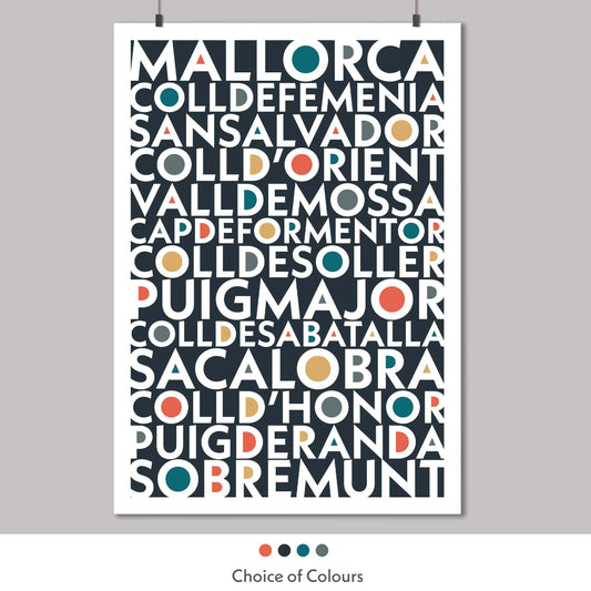 Colourful typography print of the Iconic cycling climbs found in Mallorca, Spain