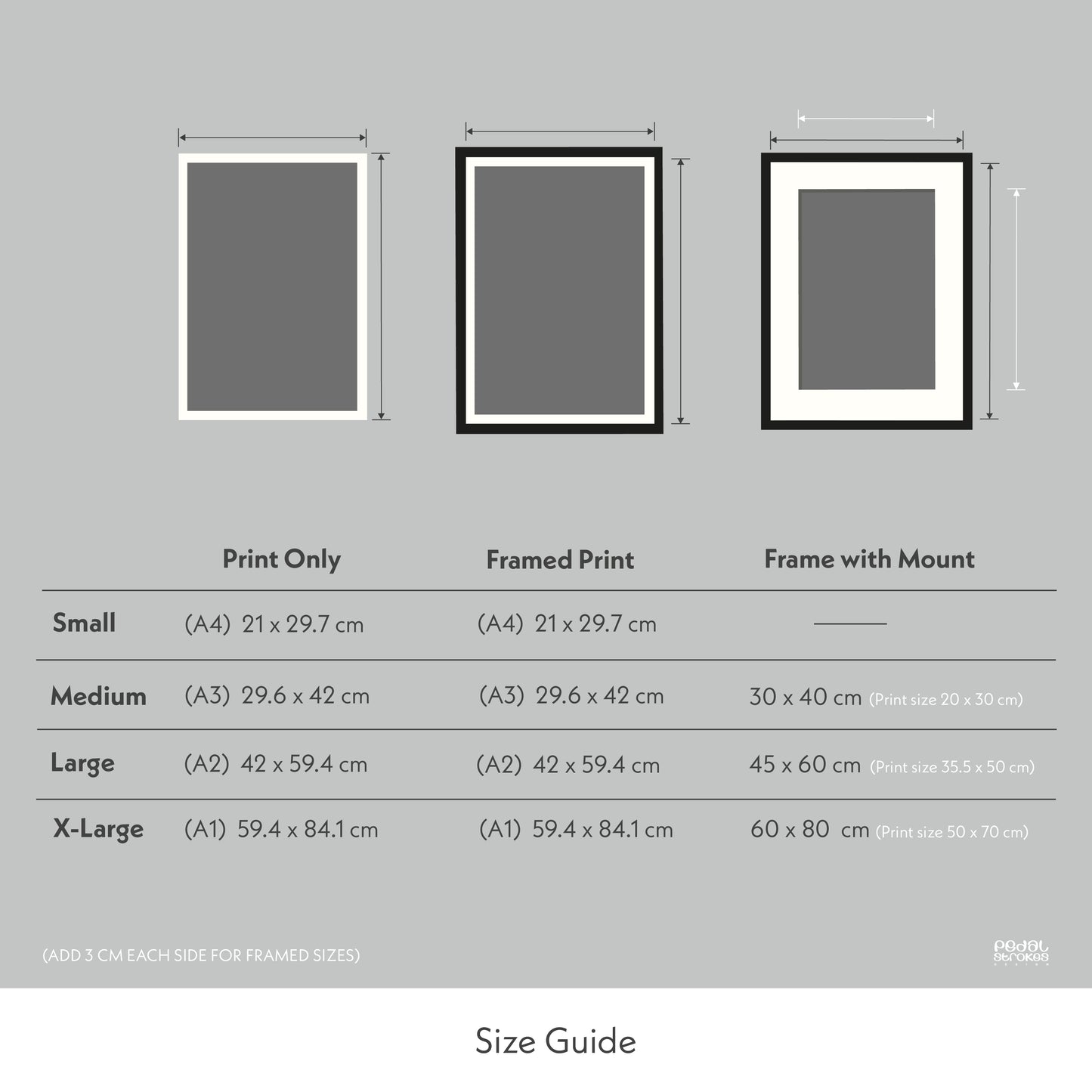 SIze guide for pedal strokes cycling prints and  frames