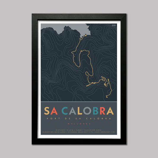 Poster of the cycle route of Sa Calobra Climb in Mallorca with contour lines and elevation details. In a black frame.