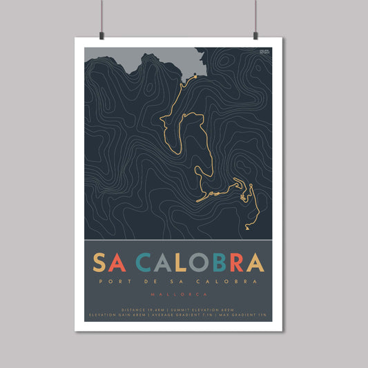 Poster of the cycle route of Sa Calobra Climb in Mallorca with contour lines and elevation details.