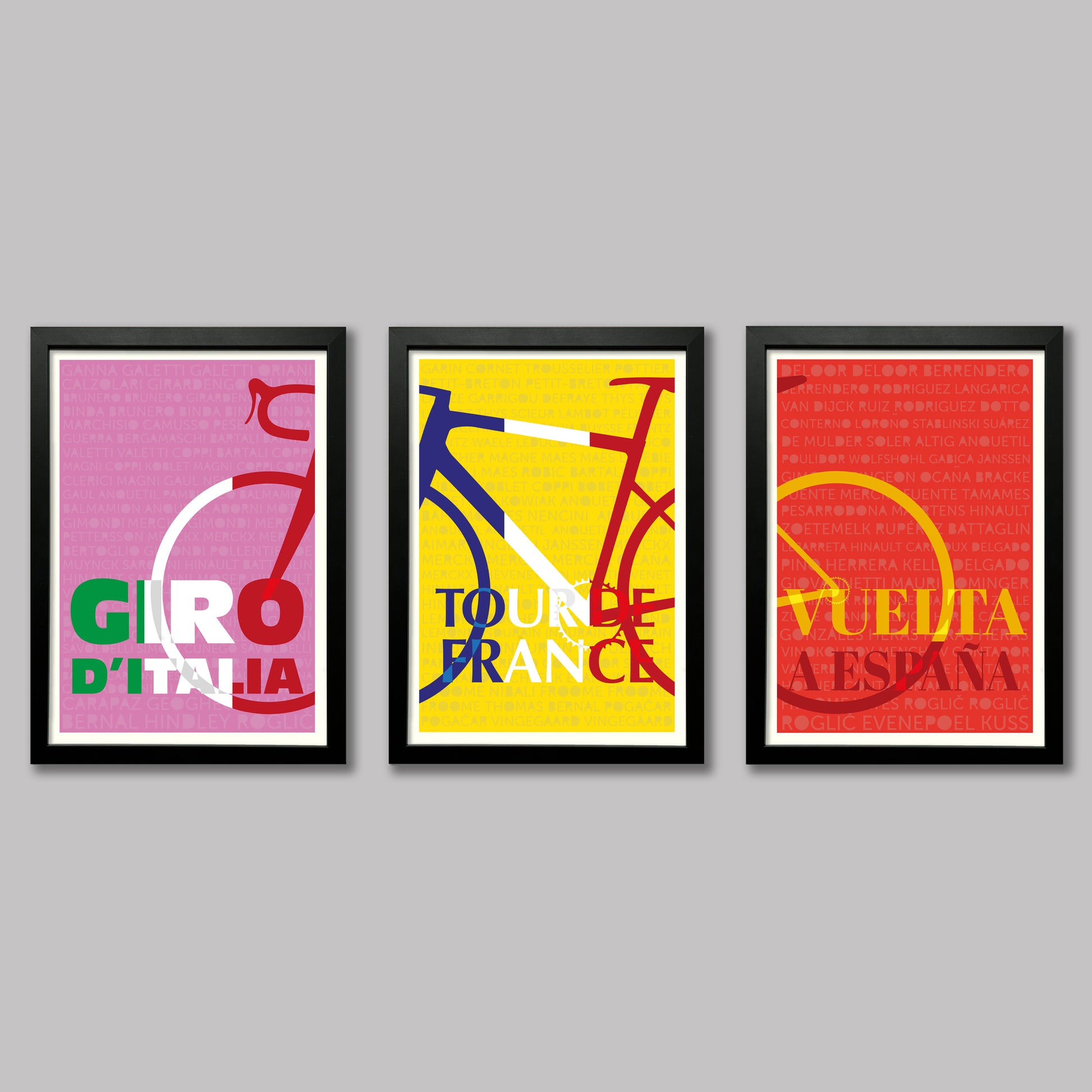 Set of 3 grand Tour prints in a black frame on the wall. Giro-d-Italia, Tour de France and Vuelta a Espana.