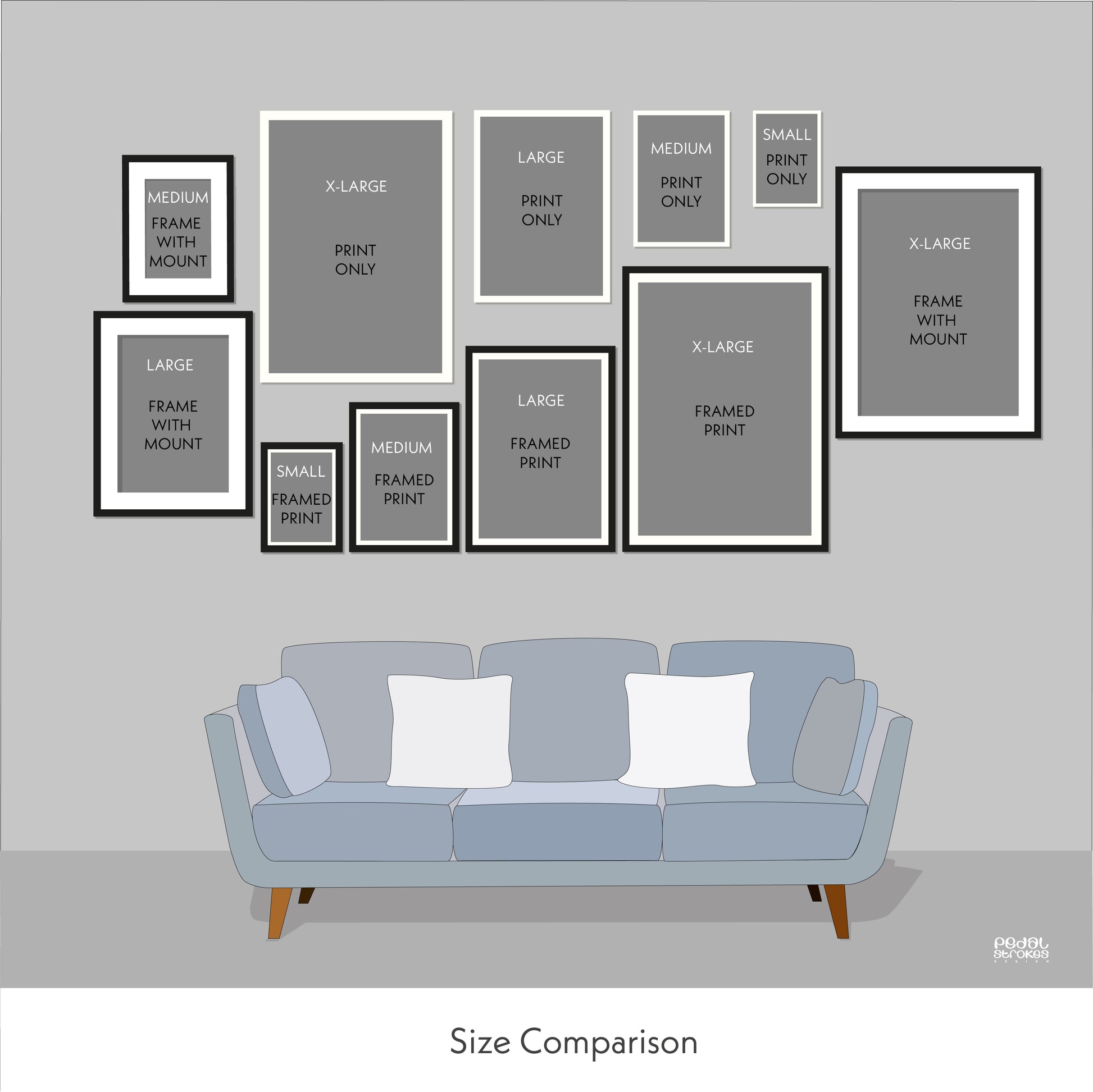 Size comparison for pedal strokes cycling prints, framed prints and frames with mount.