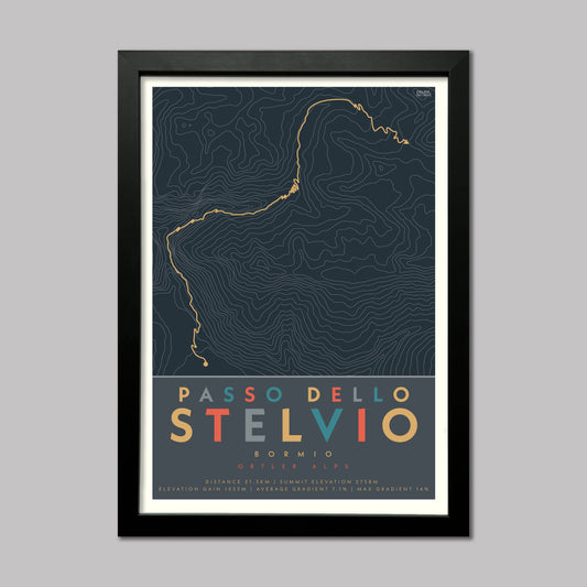 Poster of the cycle route up the Stelvio Pass from Bormio. An iconic climb in the Italian Alps. Complete with contour lines and elevation details. Presented in a black frame.