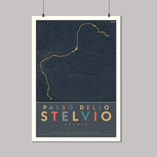 Poster of the cycle route up the Stelvio Pass from Bormio. An iconic climb in the Italian Alps. Complete with contour lines and elevation details.