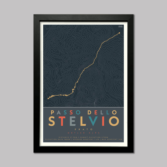 Poster of the cycle route up to the Stelvio Pass from Prato. An Iconic Climb in the Italian Alps. Complete with contour lines and elevation details. Presented in a black frame.