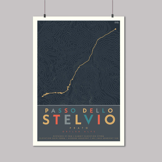 Poster of the cycle route up to the Stelvio Pass from Prato. An Iconic Climb in the Italian Alps. Complete with contour lines and elevation details.