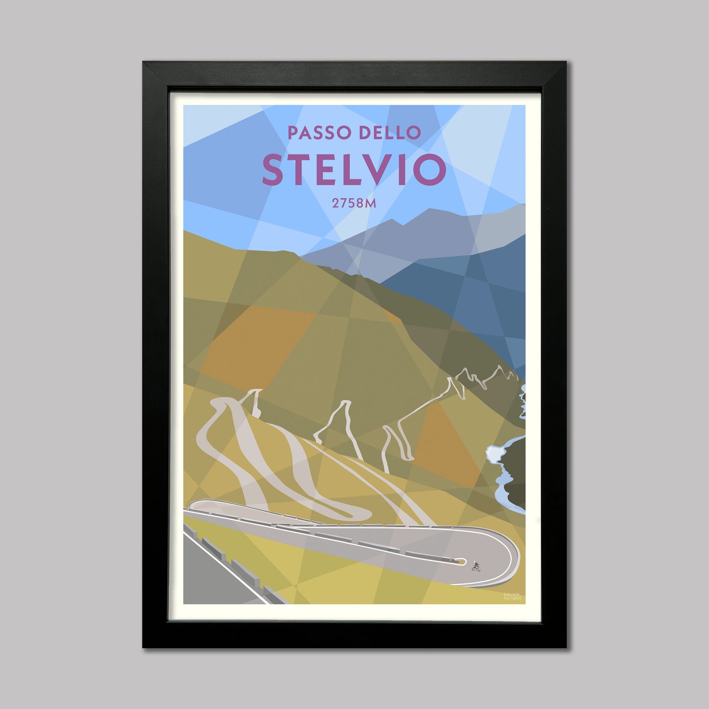 Print of a cyclist on the winding hairpins of the Stelvio climb in the Italian Alps. Presented in a black frame.