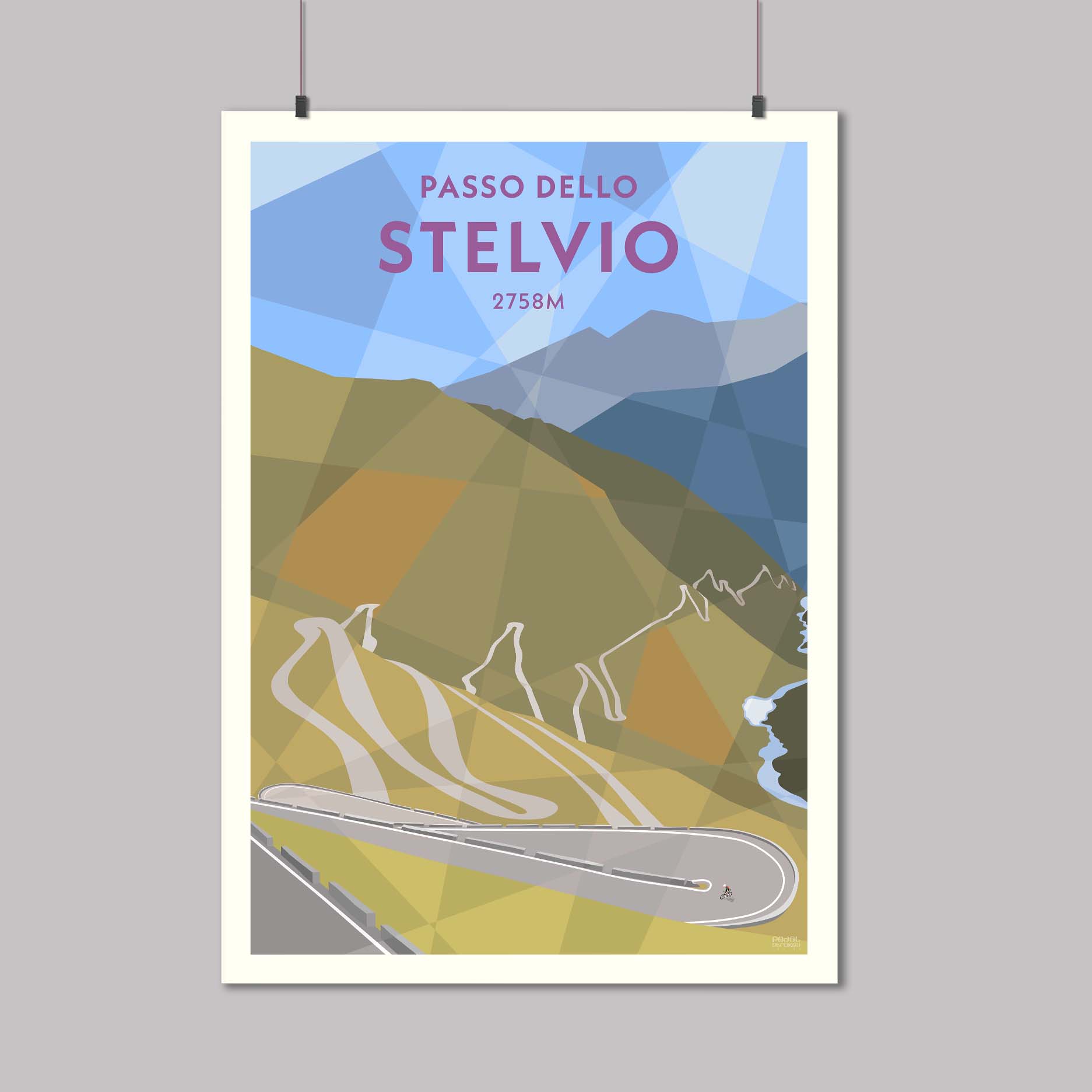 Print of a cyclist on the winding hairpins of the Stelvio climb in the Italian Alps