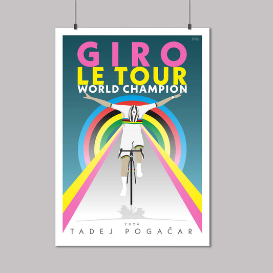 Tadej Pogacar, celebrating his triple crown as winner of the Tour de France, Giro d-Italia and the World Champion in 2024. This poster uses the colours associated with these events as Pogacar crosses the line with his signature bow.