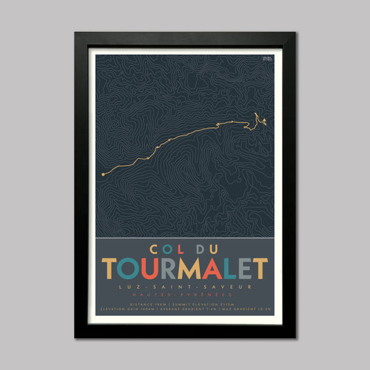 Poster of the cycle route of Col du Tourmalet in the Pyrenees. Starting from Luz Saint Saveur. Complete with contour lines and elevation details. Presented in a black frame.