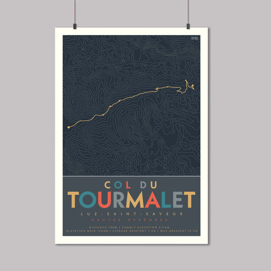 Poster of the cycle route of Col du Tourmalet in the Pyrenees. Starting from Luz Saint Saveur. Complete with contour lines and elevation details.