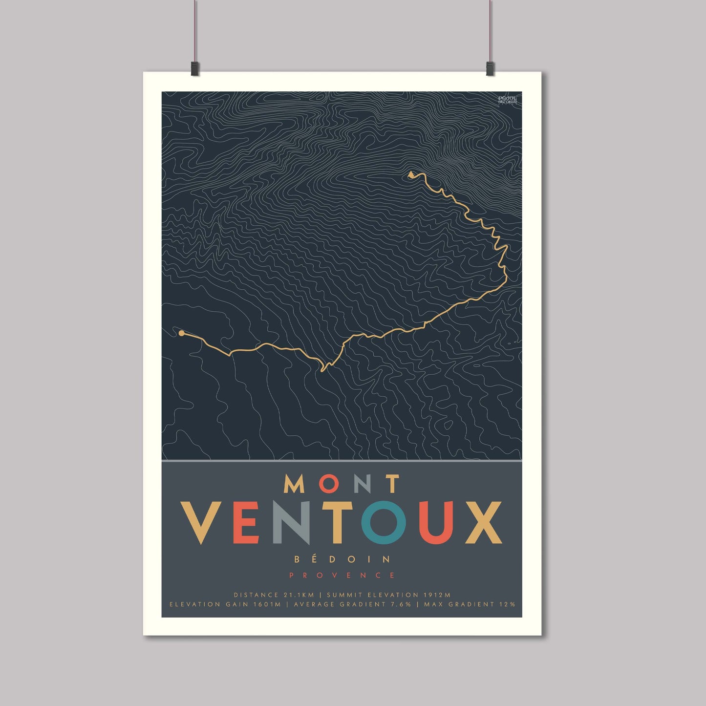 Poster of the cycle route of Mont Ventoux in France with contour lines and elevation details.