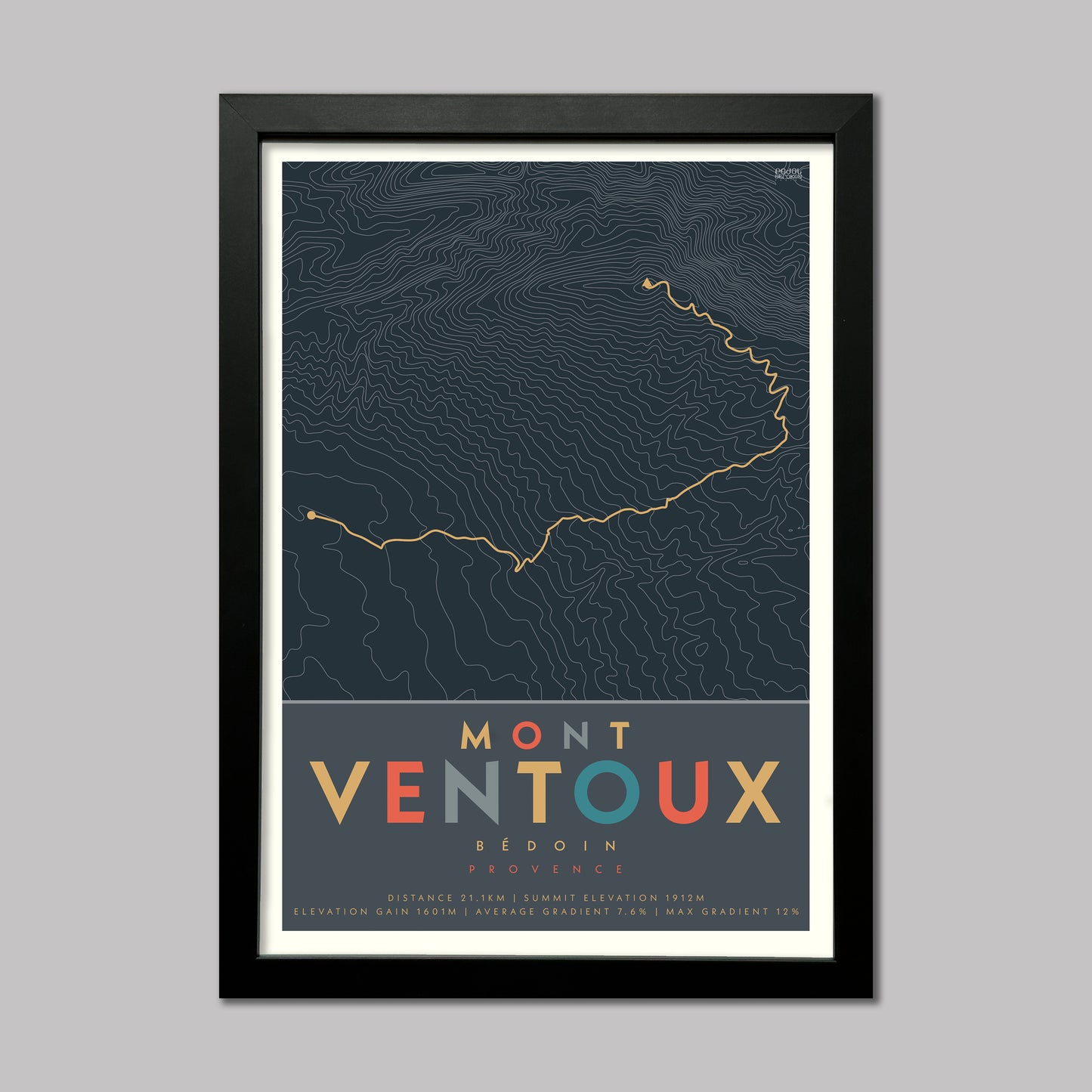 Poster of the cycle route of Mont Ventoux in France with contour lines and elevation details. An epic climb. Presented in a black frame.