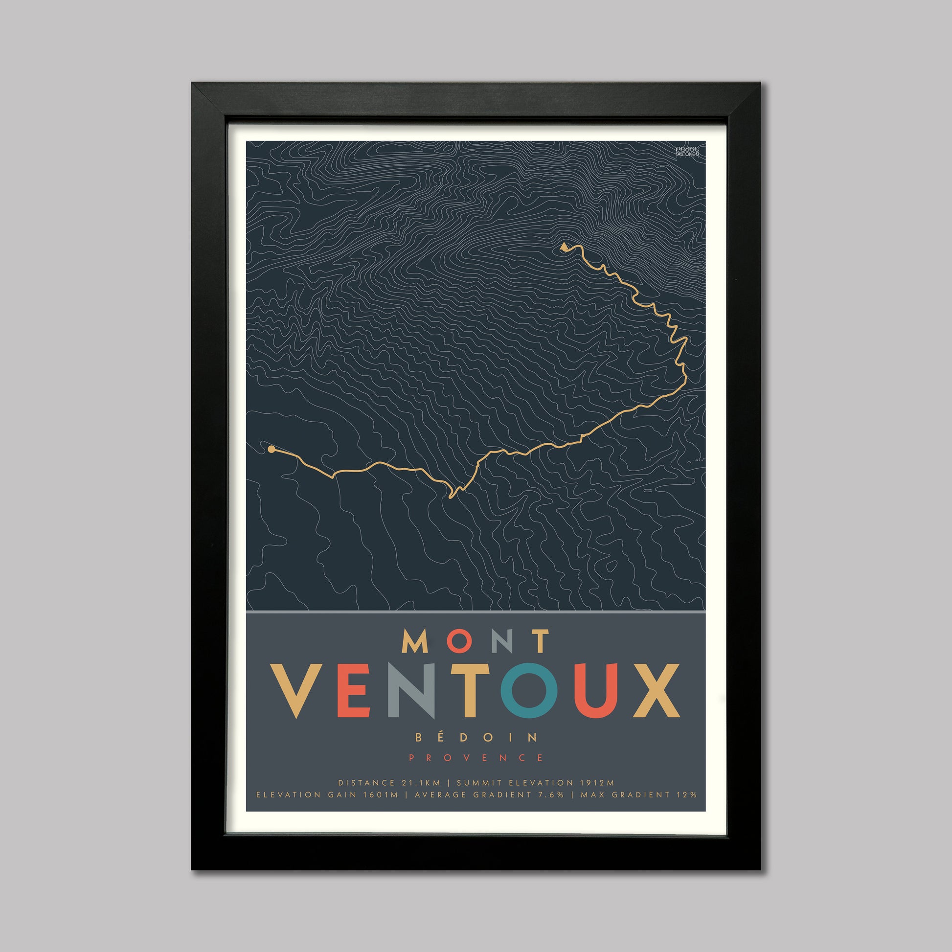 Poster of the cycle route of Mont Ventoux in France with contour lines and elevation details. An epic climb. Presented in a black frame.