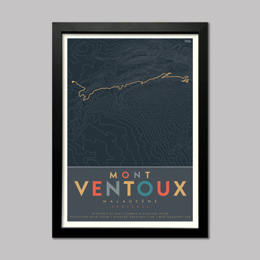 Poster of the cycle route of Mont Ventoux from Malaucene with contour lines and elevation details. Presented in a black frame.