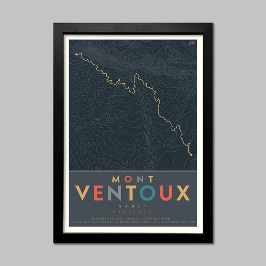 Poster of the cycle route of Mont Ventoux from Sault with map contour lines and elevation details. An epic cycling climb in France. Presented in a black frame.