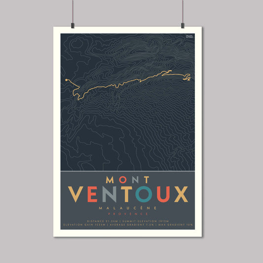 Poster of the cycle route of Mont Ventoux from Malaucene with contour lines and elevation details.